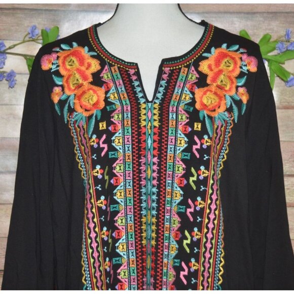 Caleooa Black Boho Embroidered Floral Pullover Blouse Top Plus Size 3X Tunic - Picture 2 of 11